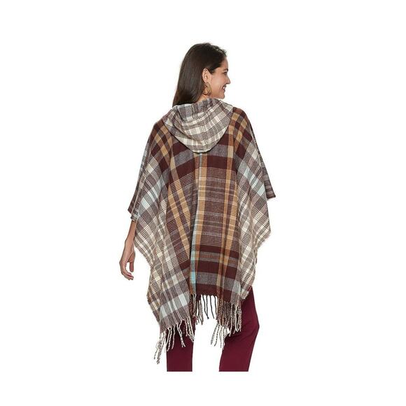 Style Collective‎ Poncho Ruana Cape Wrap Sweater Twill Plaid Hooded One Size New - Picture 5 of 7